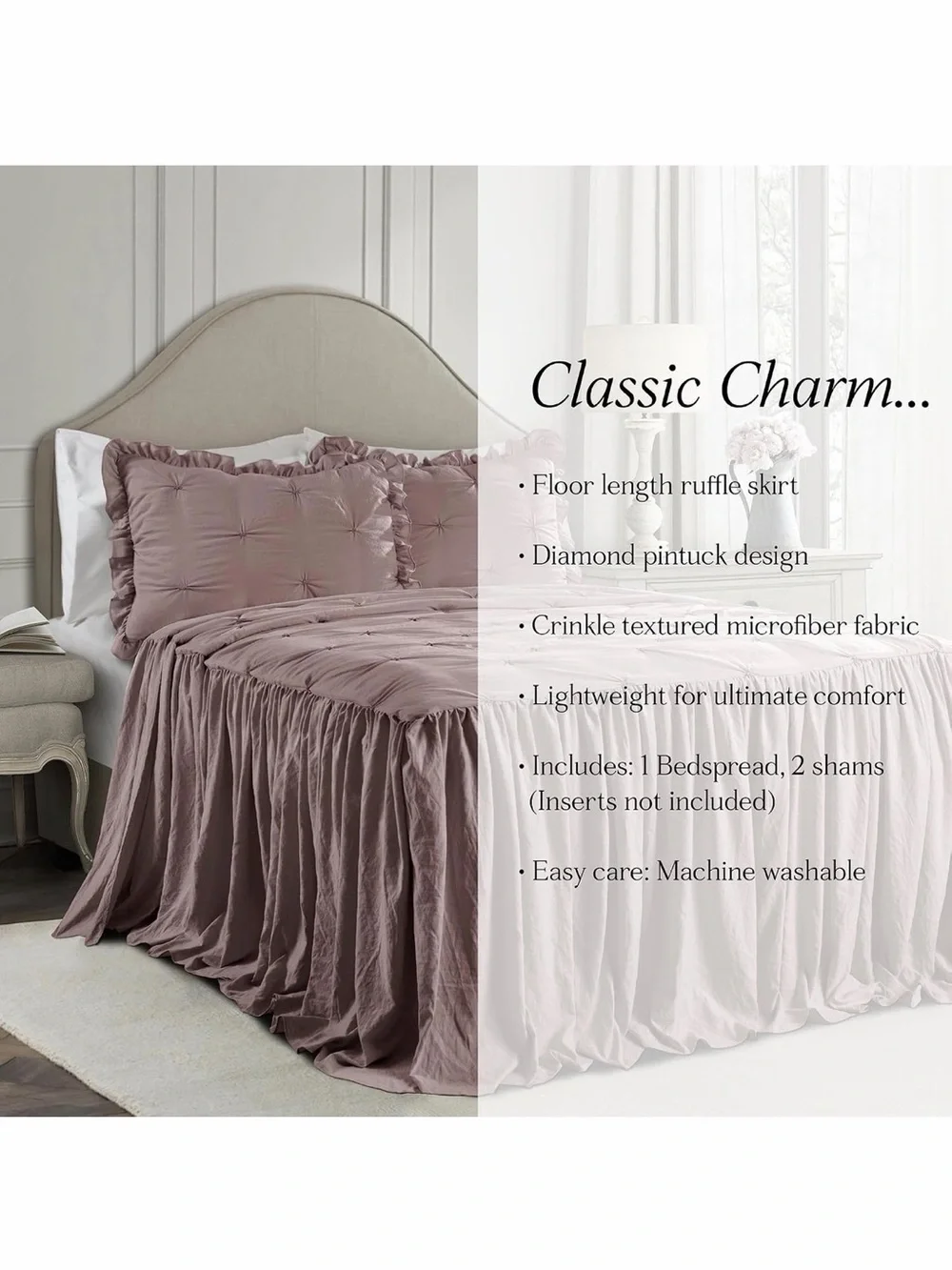 Lush Decor Ravello Pintuck Ruffle Skirt Woodrose 3PC Bedspread🛏️Set King Sz